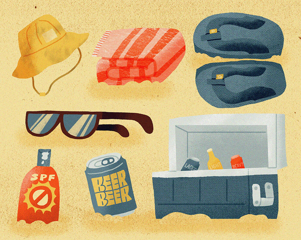 Beach Essentials. Illustration for an article about the essential items needed for a beach hangout.