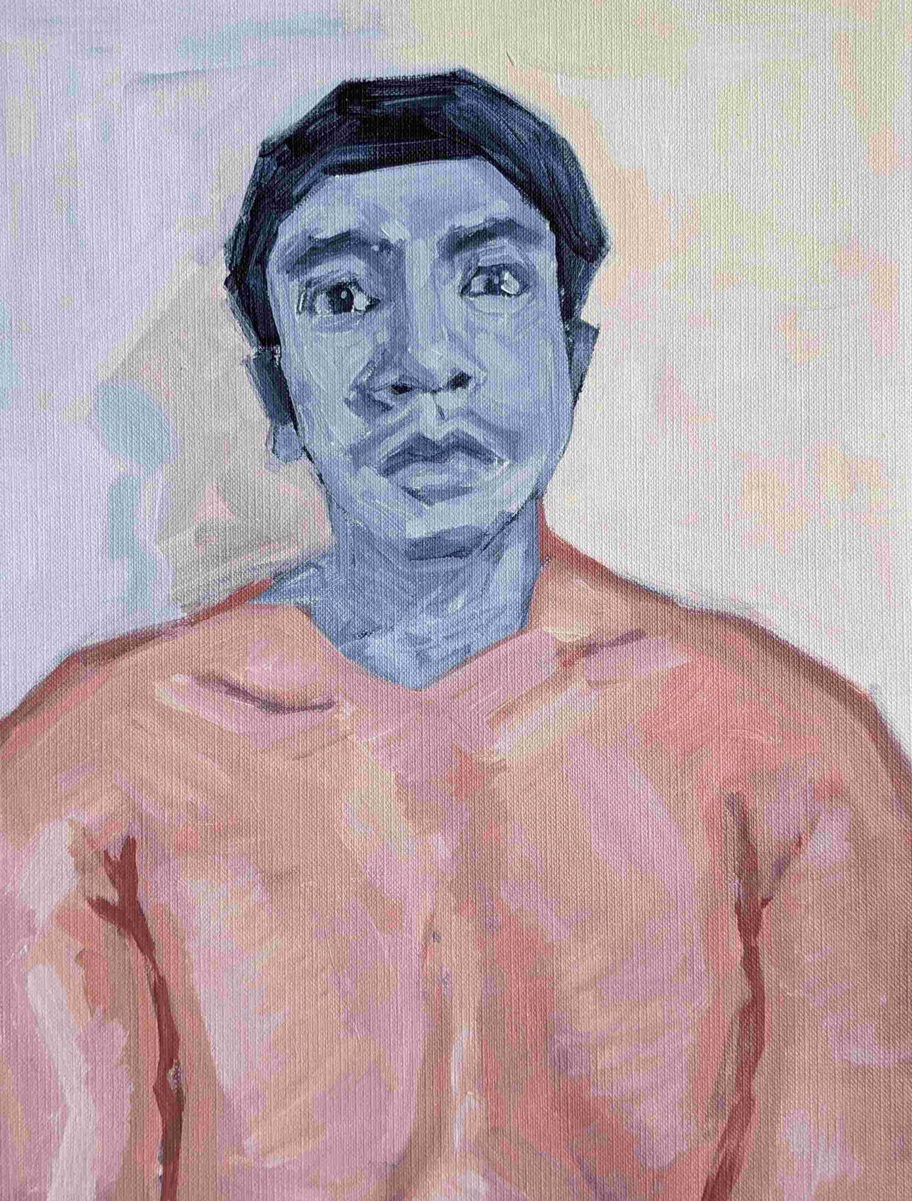 I'm Good. 2020. 9 x 12 in. Acrylic on paper. Not available for purchase. Acrylic painting of a portrait of a man.