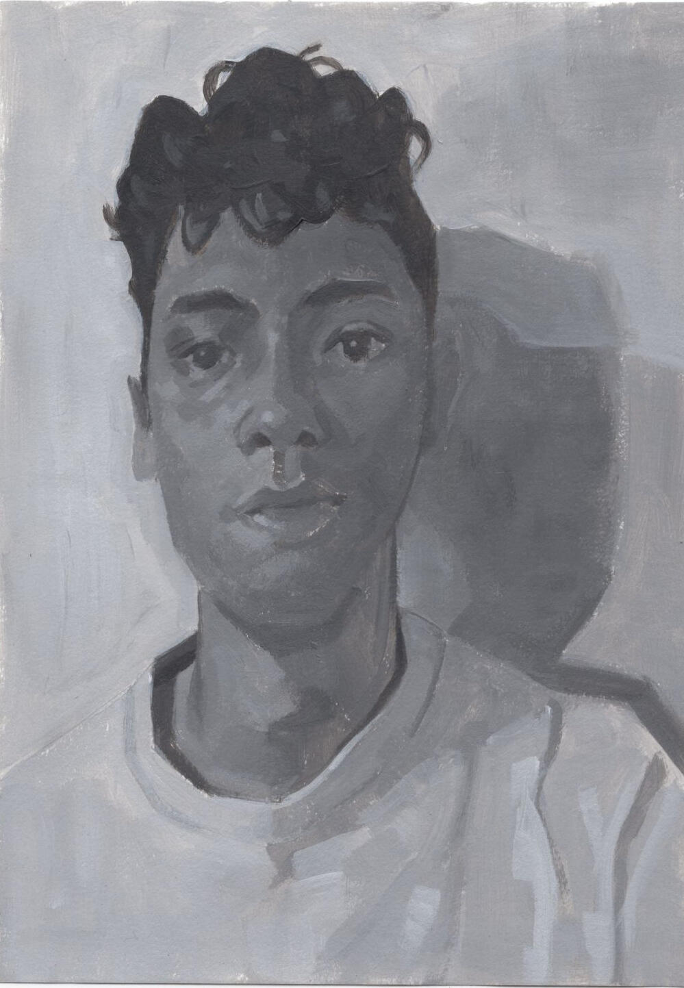 Self-portrait. 2023. 9 x 12 in. Acrylic on paper. Contact for purchase. Acrylic painting of a portrait of a man in black and white.