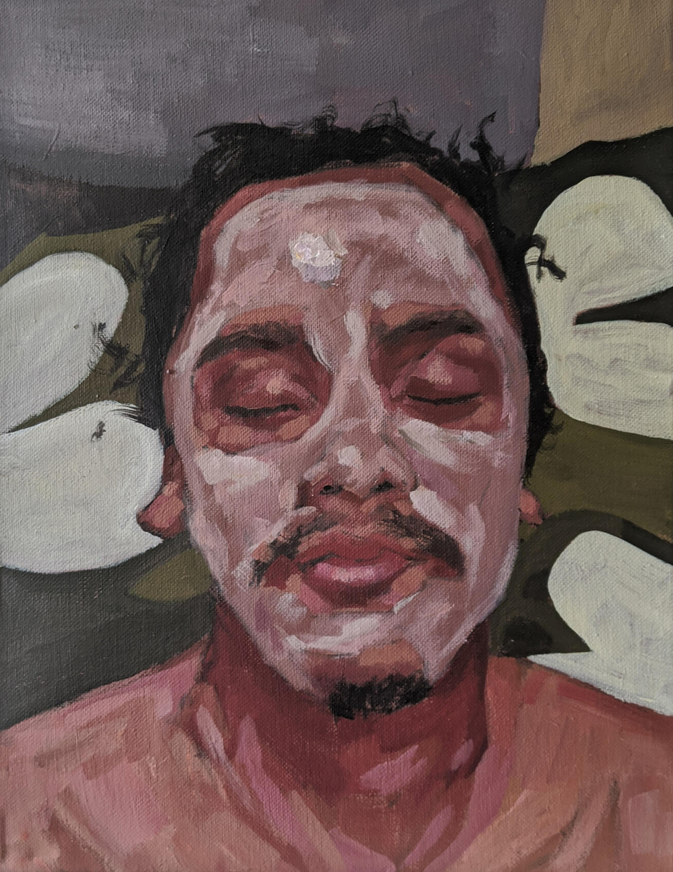 Face Mask. 2020. 11 x 14 in. Acrylic on canvas. SOLD. Acrylic painting of a portrait of a man with relaxing face mask.