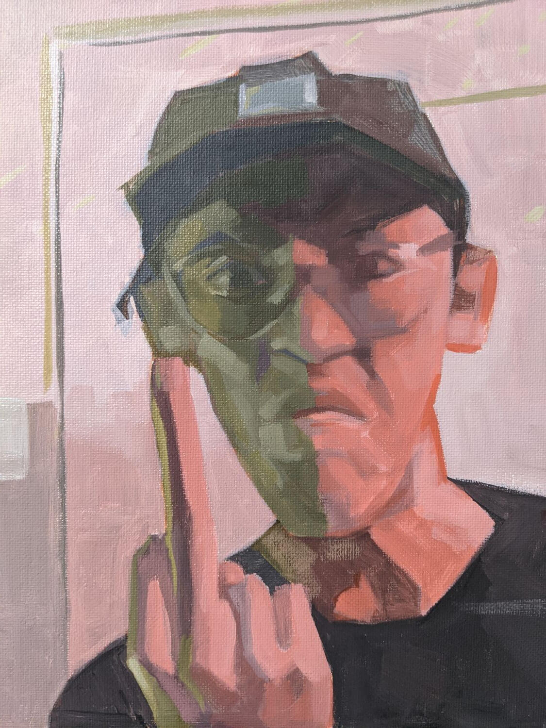 Jordan. 2021. 8.5 x 11 in. Acrylic on canvas board. SOLD. Acrylic painting of a portrait of a man showing the middle finger.