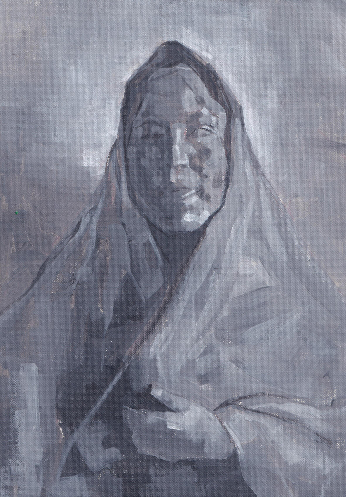 Shelter. 2021. 9 x 12 in. Acrylic on paper. Not available for purchase. Black and white acrylic painting of a woman wearing a shawl over her head.