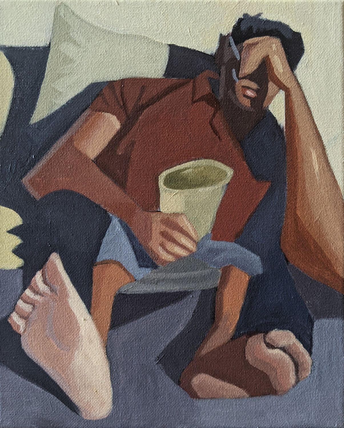 Green Cup. 2022. 8 x 10 in. Acrylic on canvas. Not available for purchase. Acrylic painting of a man reclined holding a cup.
