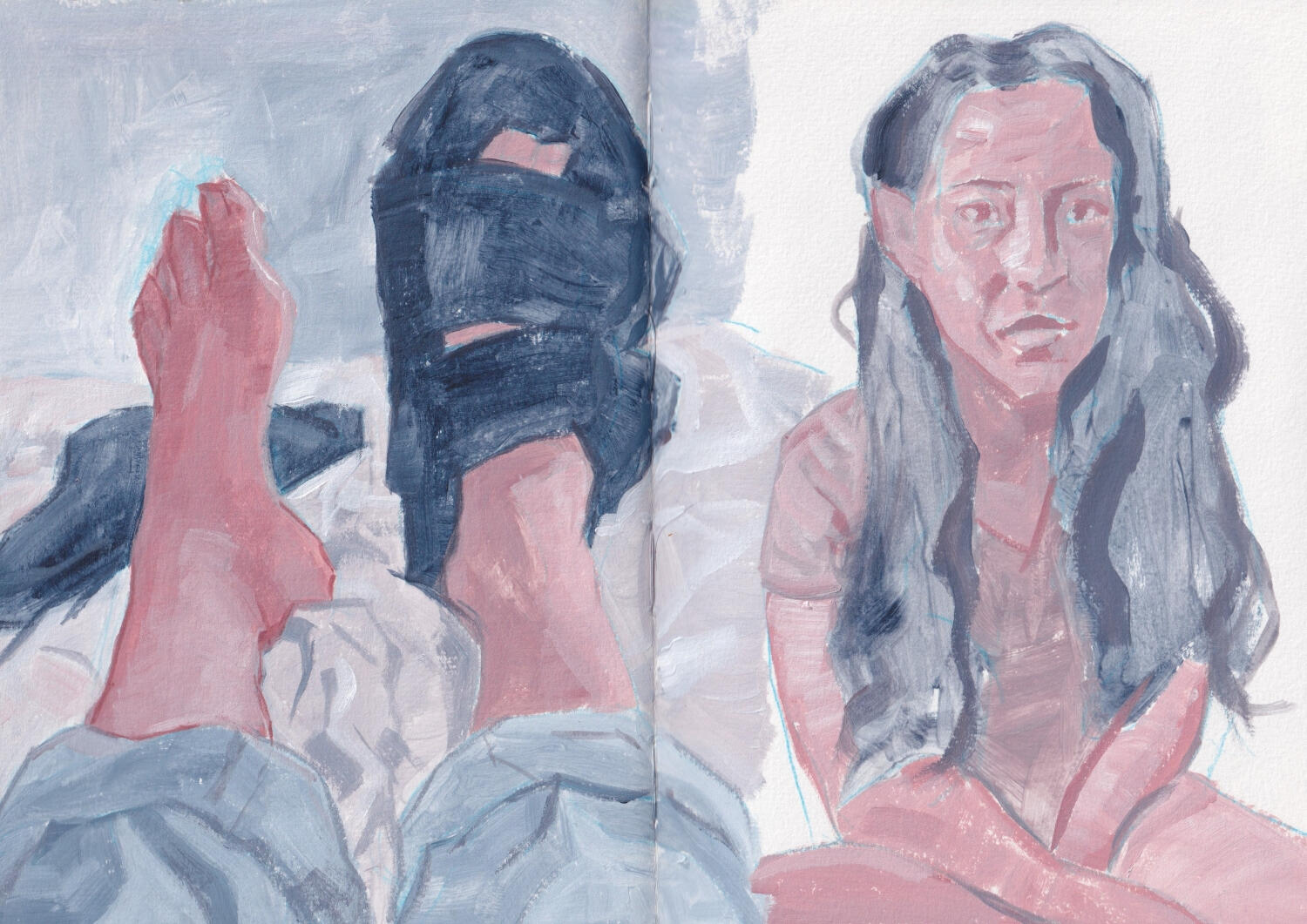Feet and Portrait Sketch. 2021. Acrylic on paper. Contact for inquiries. Acrylic painting of a pair of feet wearing slippers and a portrait of a woman.