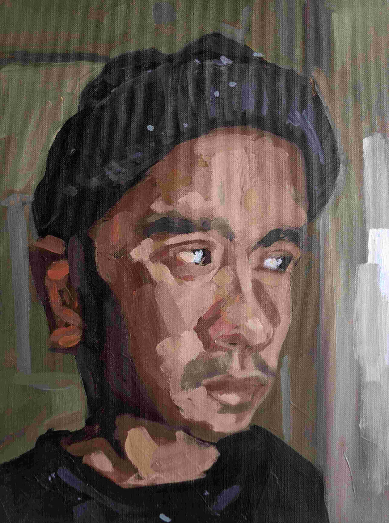 I Should Be Enjoying This. 2020. 9 x 12 in. Acrylic on paper. Not available for purchase. Acrylic painting of a portrait of a man.