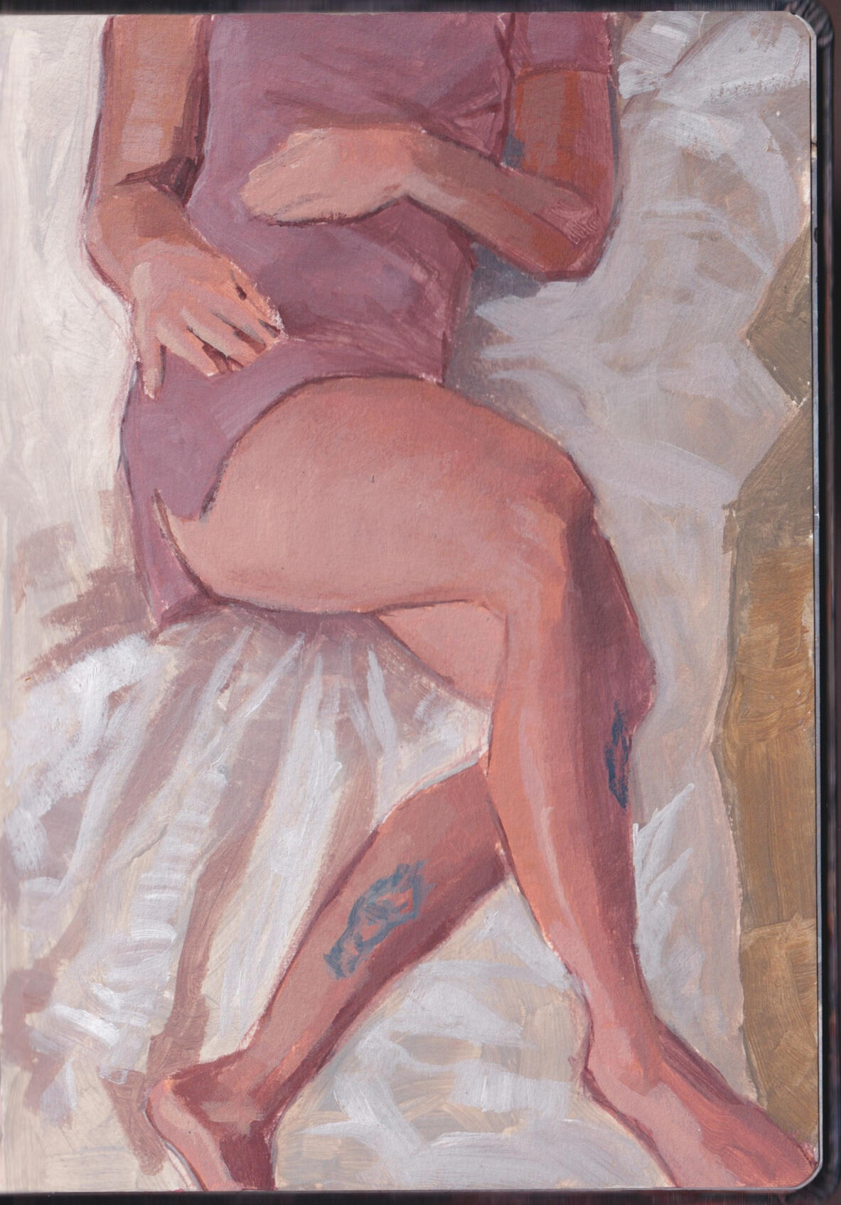 Lounging Legs Sketch. 2021. 5 x 7 in. Acrylic on paper. Contact for inquiries. Acrylic painting of a woman's legs crossed on a bed.