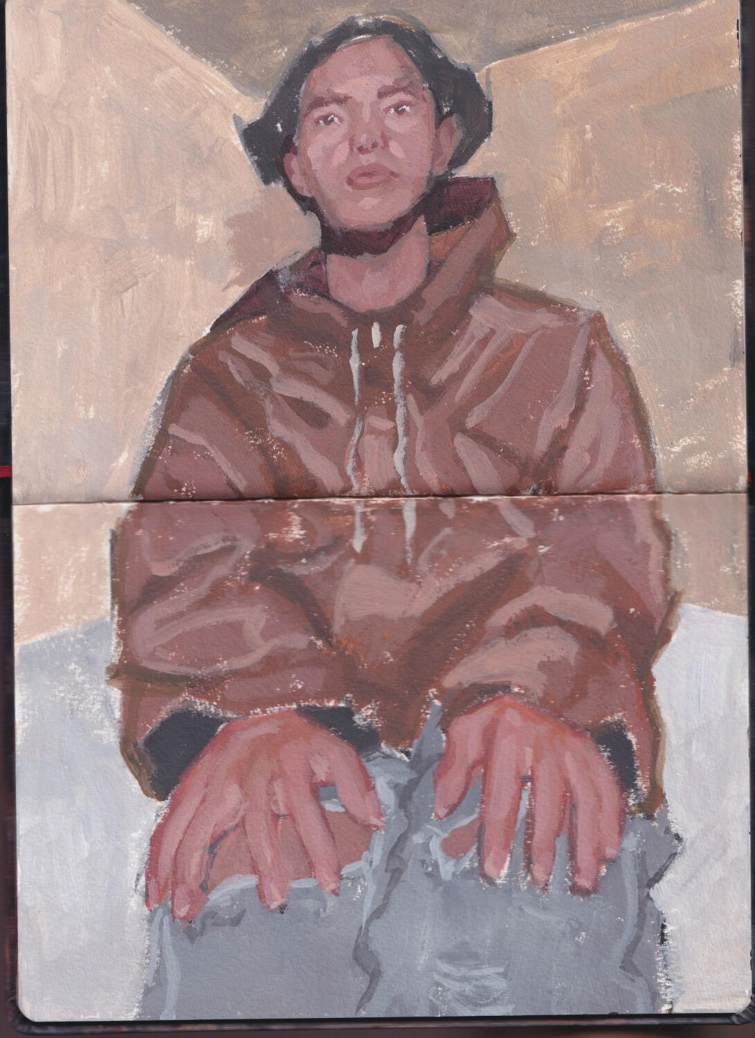 Untitled Sketch. 2021. Acrylic on paper. Contact for inquiries. Portrait painting of a woman sitting with her hands on her lap.