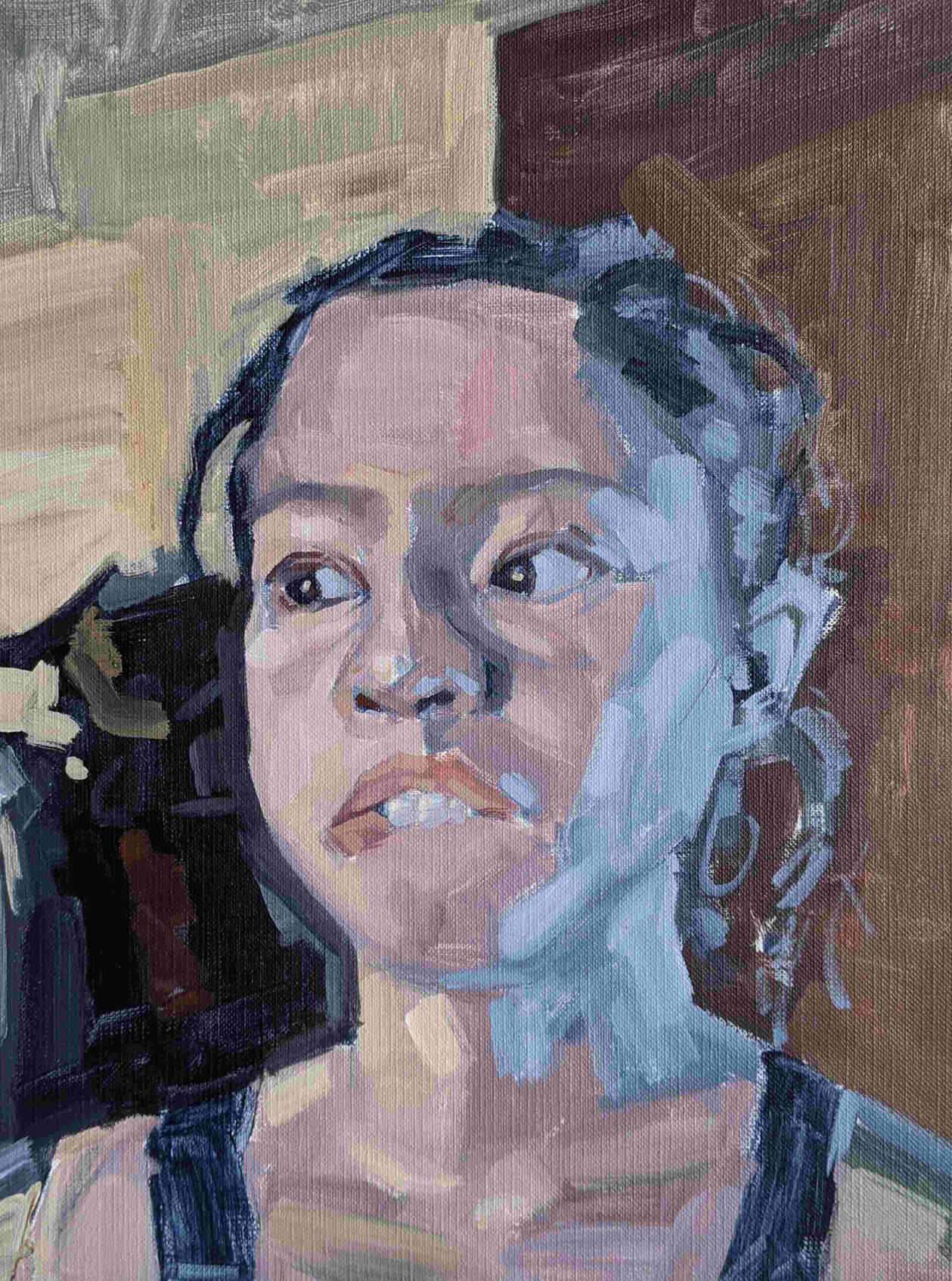Riptides 2. 2020. 9 x 12 in. Acrylic on paper. SOLD. Acrylic portrait painting of a woman biting her lip.